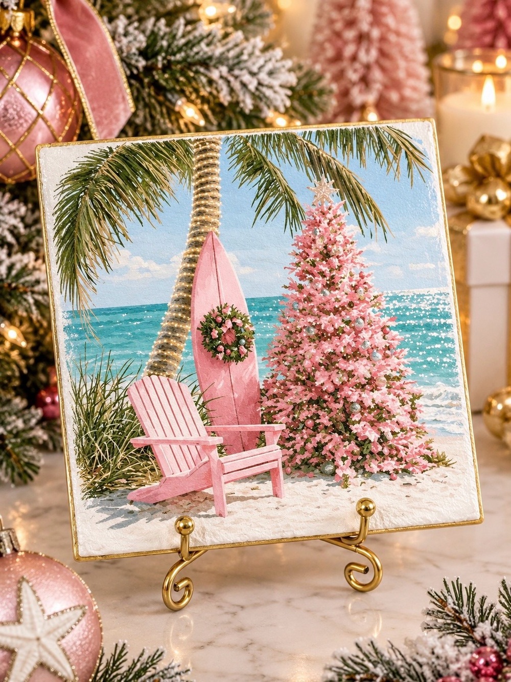 Barbie’s Beach Christmas Ceramic Coaster Stone 4” Pink